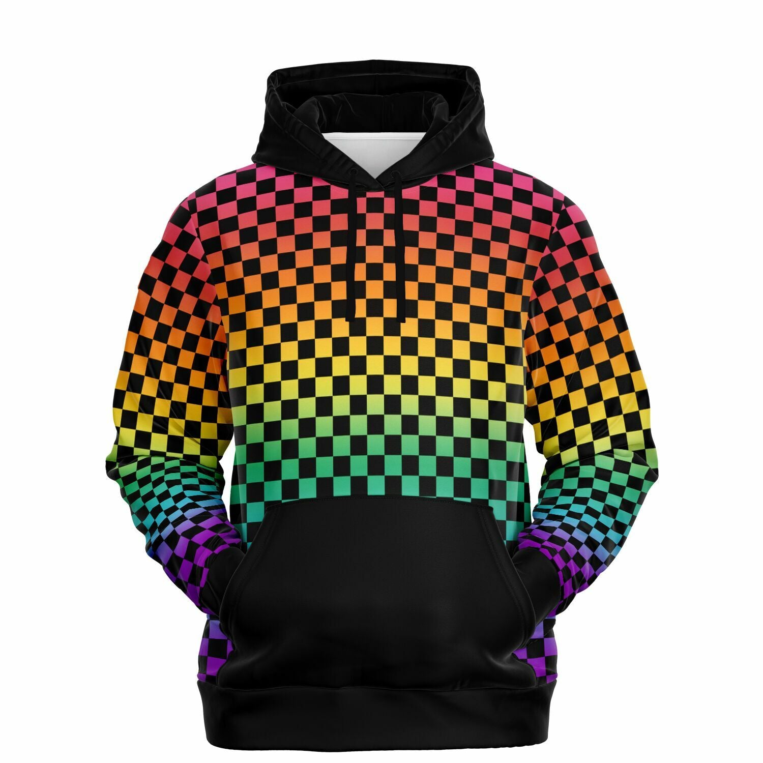 Bright Rainbow Pride Black Contrast Checkered Pullover Hoodie