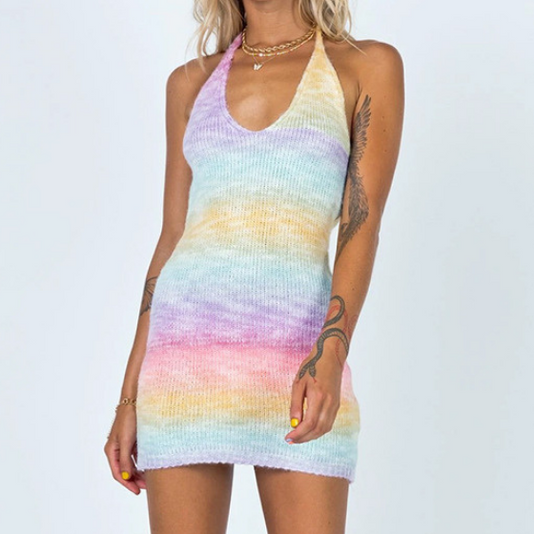 Knitted Rainbow Halter Beach Dress