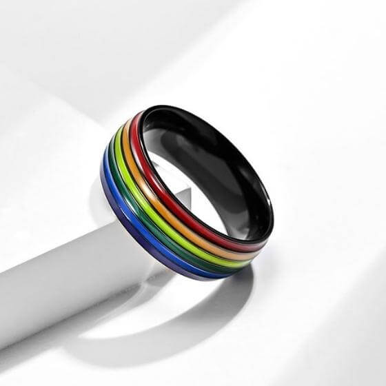 Minimalist Black and Rainbow Ring Stainless Steel Wedding Band