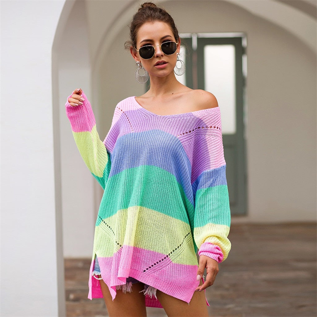 Pastel Rainbow Stripe Knit Sweater Sweater PRIDE MODE